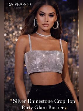 ✨ Rhinestone Silver Crop Top Glam Bustier DA VEAMOR Size S